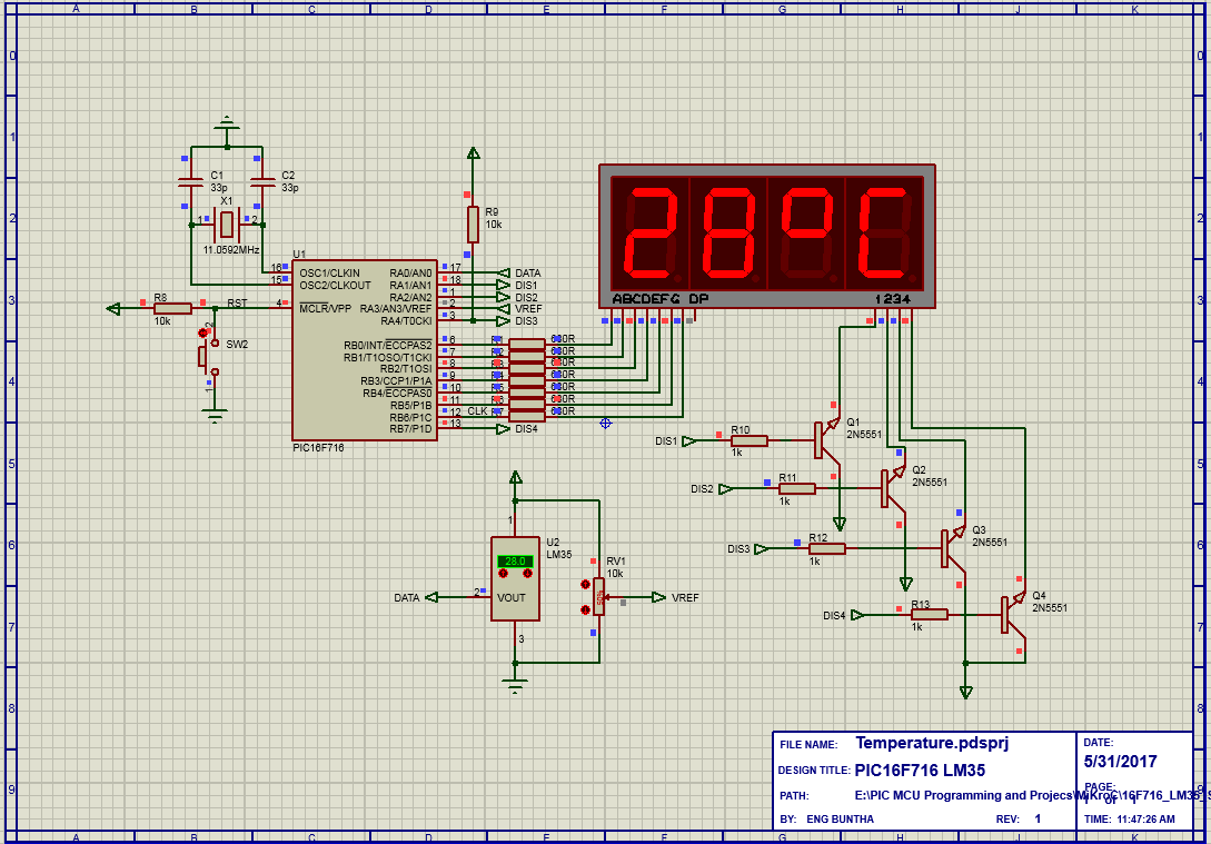 A temperature display using PIC16F716 and LM35 with MikroC and Proteus 8